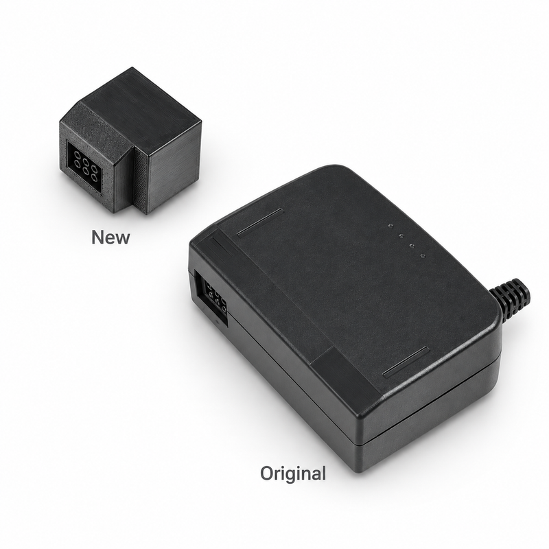 Size comparison of the compact new N64 Pow USB-C adapter beside the large original Nintendo 64 power brick, labelled New and Original
