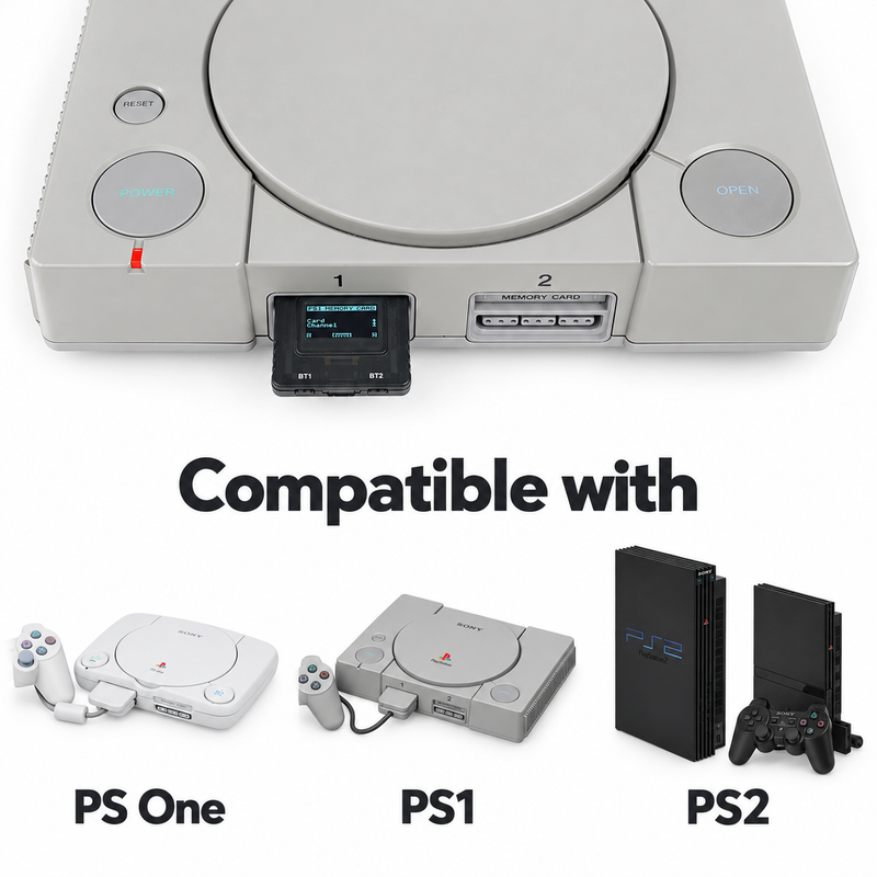 PSxMemCard Gen 2 inserted into a PlayStation 1 memory card slot with its OLED lit, plus a compatibility chart showing PS One, PS1 and PS2 consoles