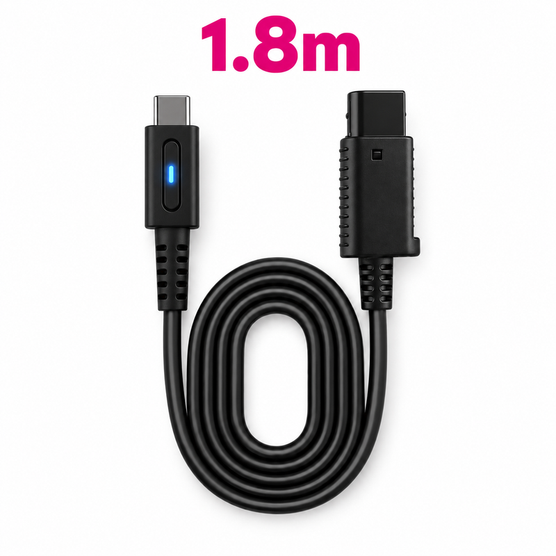 Black 1.8 m USB-C power cable for the Nintendo GameCube, coiled, with an illuminated USB-C plug and a GameCube power connector