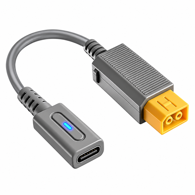 Grey 10-12 cm USB-C power adapter for the Nintendo Wii U, with an illuminated USB-C socket and a yellow-tipped Wii U connector