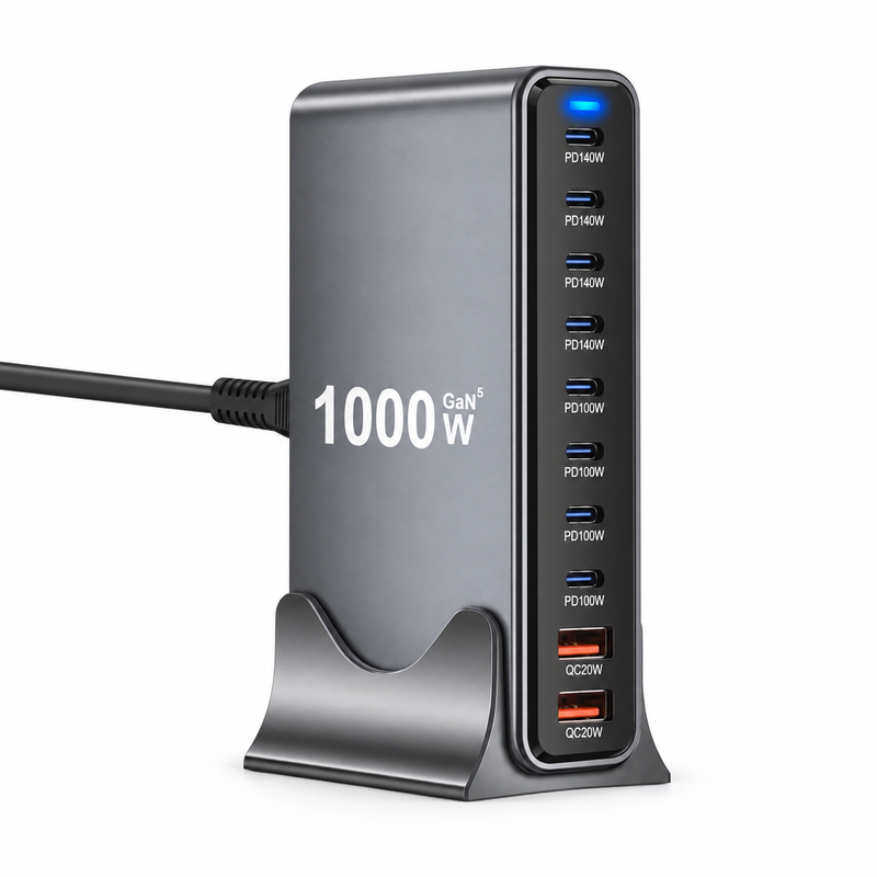 Grey 1000W GaN desktop charger standing upright in its stand, with four 140W and four 100W USB-C ports and two 20W USB-A ports