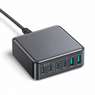 Black 270W GaN desktop charger with four USB-C ports labelled C1 to C4, two USB-A ports and an attached mains lead