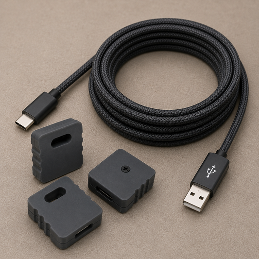 MiSTer Laggy sensor unit shown from several angles with the included 3 metre braided USB-A to USB-C cable