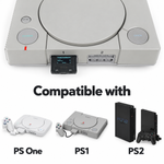 PSxMemCard Gen 2 inserted into a PlayStation 1 memory card slot with its OLED lit, plus a compatibility chart showing PS One, PS1 and PS2 consoles