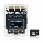 Clear PSxMemCard Gen 2 with transparent shell revealing the circuit board and gold PlayStation connector, OLED screen lit, beside an 8GB microSD card