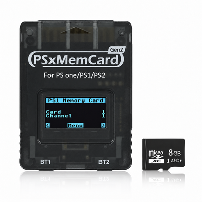 Smoke black PSxMemCard Gen 2 PS1 and PS2 memory card with OLED screen showing the PS1 Memory Card menu, shown beside an 8GB microSD card