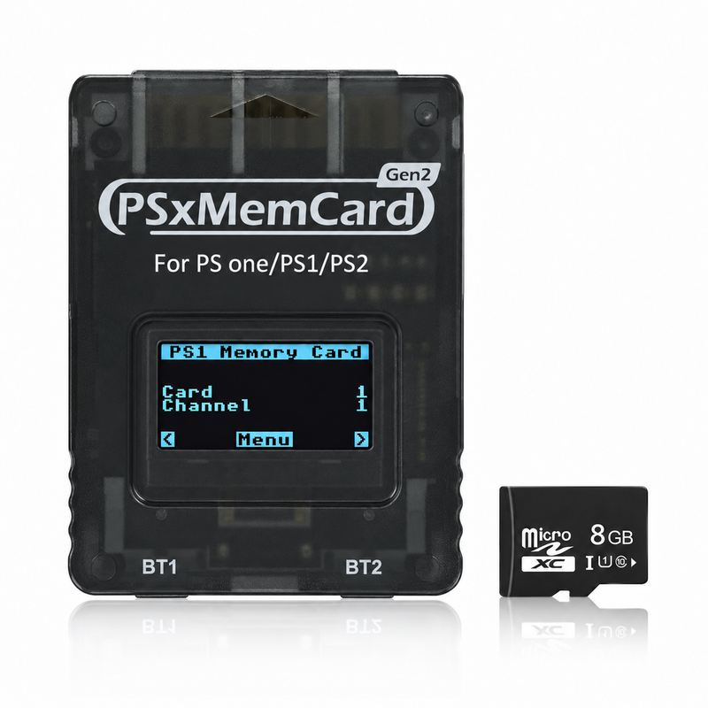 Smoke black PSxMemCard Gen 2 PS1 and PS2 memory card with OLED screen showing the PS1 Memory Card menu, shown beside an 8GB microSD card