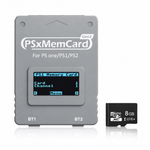 Grey PSxMemCard Gen 2 PlayStation memory card emulator with OLED display and BT1/BT2 buttons, shown with an 8GB microSD card