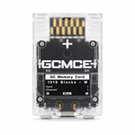 Clear FlipperMCE GCMCE GameCube memory card with transparent shell revealing the circuit board, gold GameCube connector and USB-C port