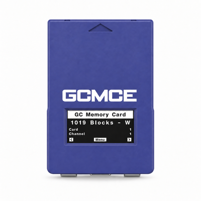 Indigo FlipperMCE GCMCE GameCube memory card with OLED screen showing GC Memory Card, 1019 blocks, card 1 and channel 1