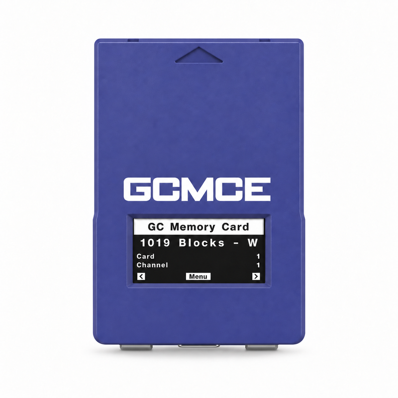 Indigo FlipperMCE GCMCE GameCube memory card with OLED screen showing GC Memory Card, 1019 blocks, card 1 and channel 1