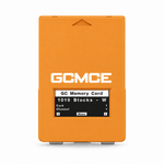 Orange FlipperMCE GCMCE GameCube memory card emulator with OLED display showing 1019 blocks and the card menu