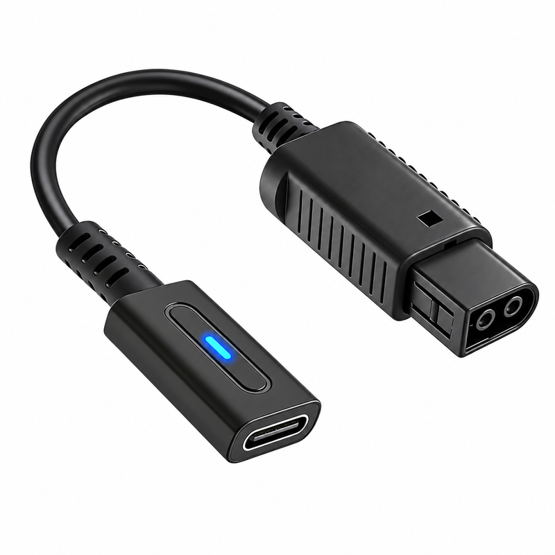 Black 10-12 cm USB-C power adapter for the Nintendo GameCube, with an illuminated USB-C socket and a GameCube power connector