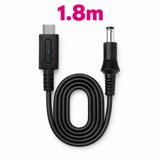 Black 1.8 m USB-C to DC power cable for retro consoles, coiled, with an illuminated USB-C plug and a DC barrel plug