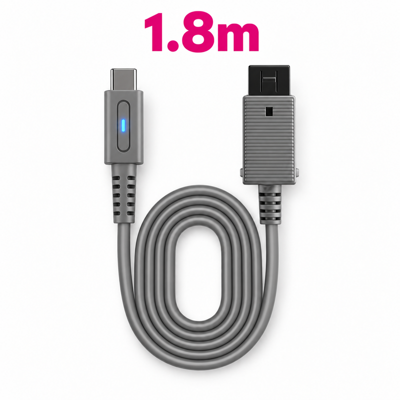 Grey 1.8 m USB-C power cable for the Nintendo Wii, coiled, with an illuminated USB-C plug and a Wii power connector