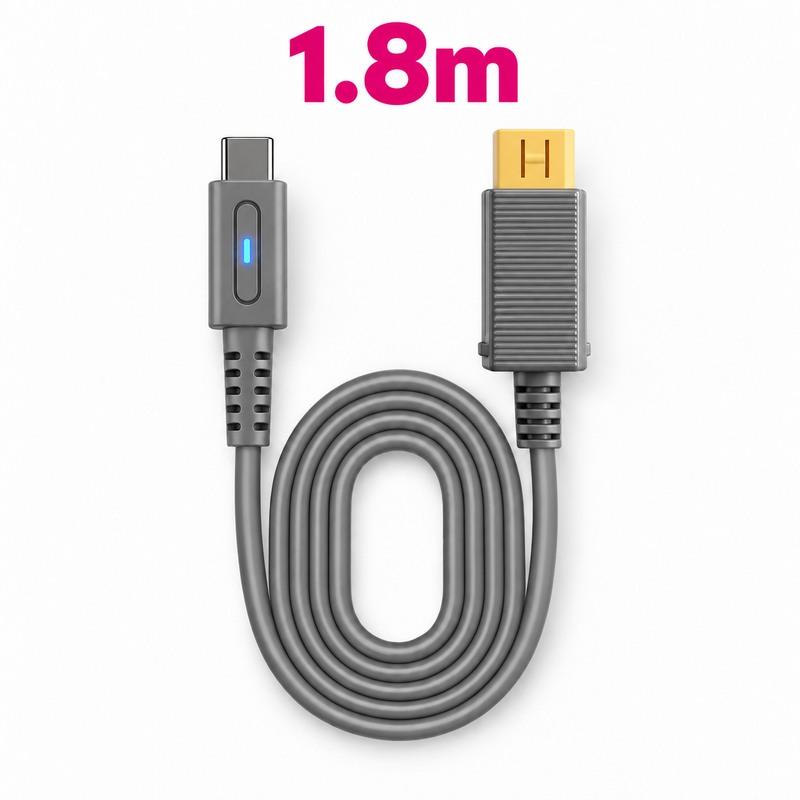 Grey 1.8 m USB-C power cable for the Nintendo Wii U, coiled, with an illuminated USB-C plug and a yellow-tipped Wii U connector