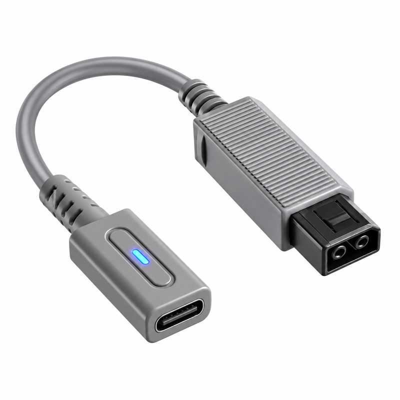 Grey 10-12 cm USB-C power adapter for the Nintendo Wii, with an illuminated USB-C socket and a Wii power connector