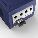 FlipperMCE GCMCE inserted into a memory card slot on an indigo Nintendo GameCube, OLED screen active